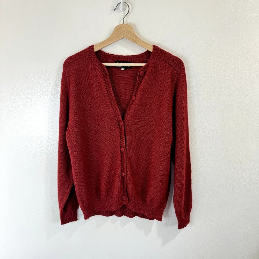 Mon Repos Sweater Cardigan Size M 100% Alpaca Handmade in Peru Red Knit Crochet